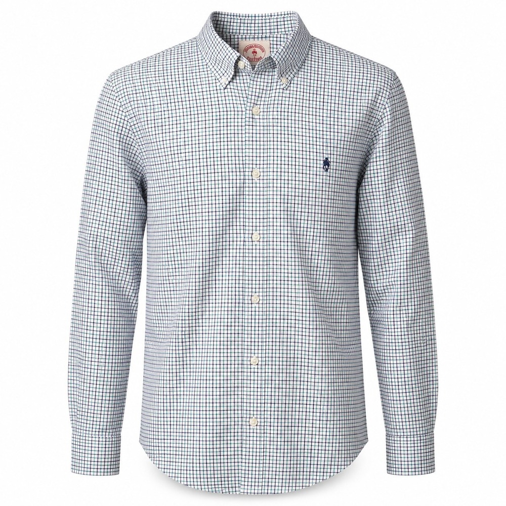 Brooks Brothers Oxford Button-Down Teal Gray Plaid Shirt Logo Men's Sz Large